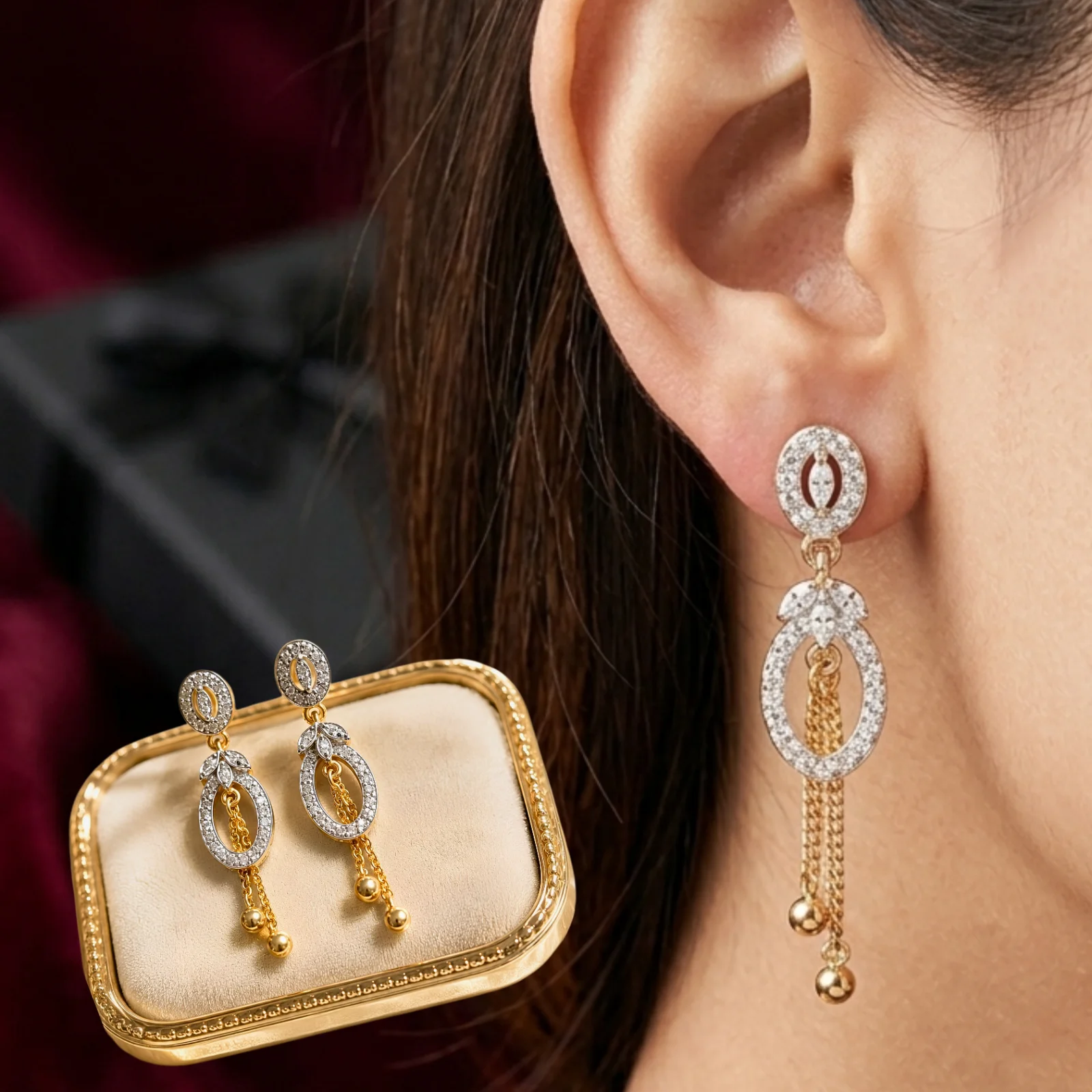 Gold Pavé Oval Drop Earrings