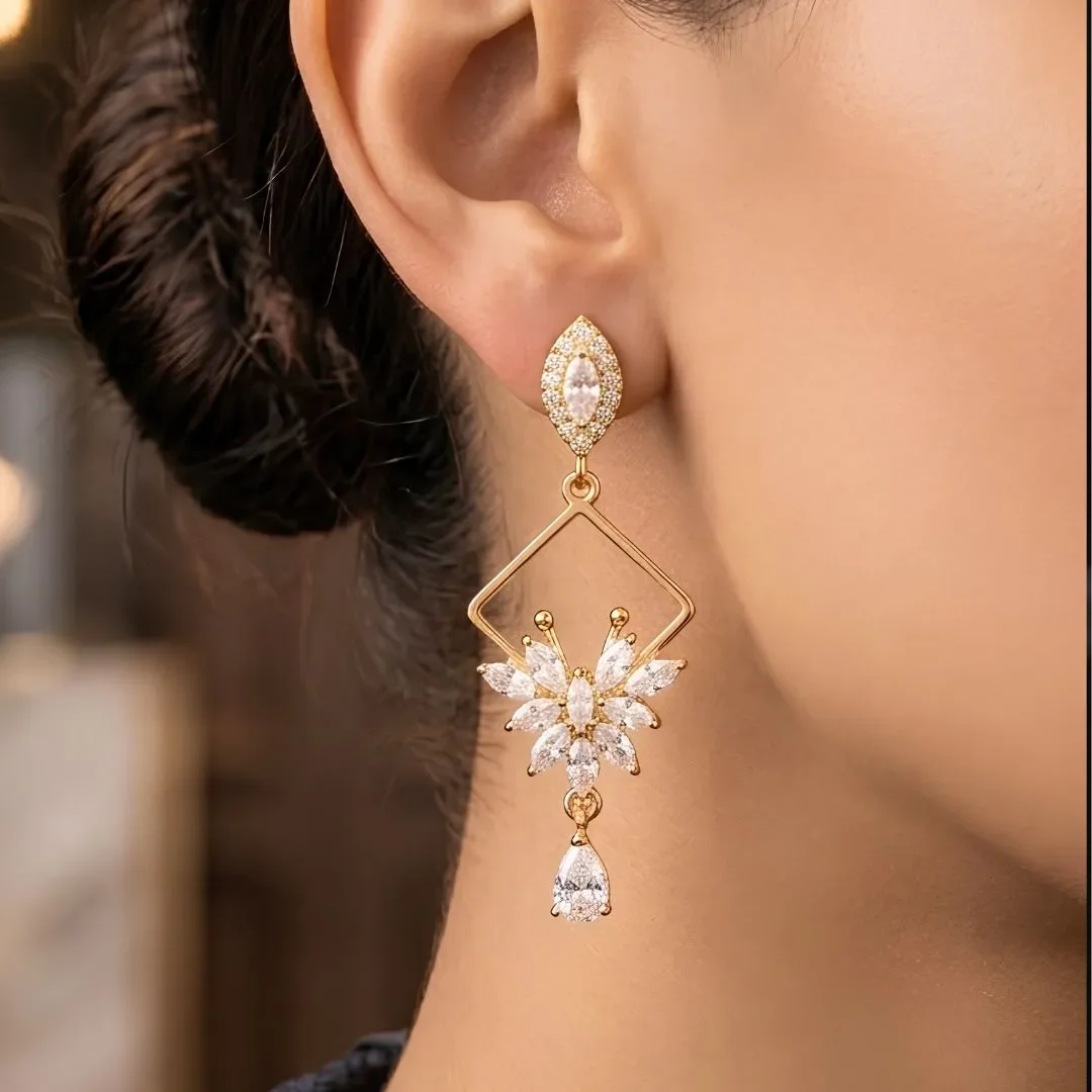 White pearl chain, Golden Floral Drop Ear ring ,Zarfashan Ring