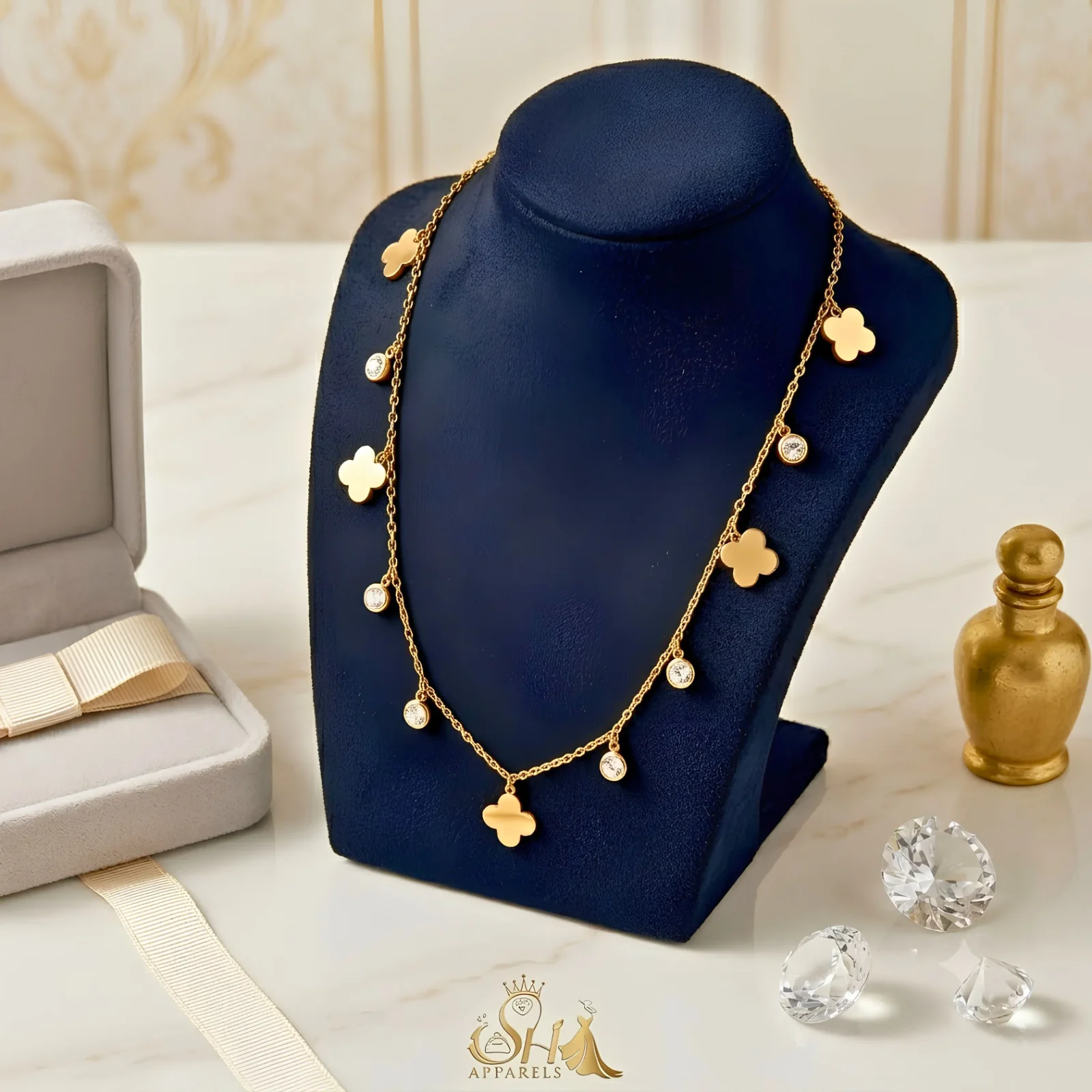 Golden clover Charms chain, Crystal Long Drop Earrings,,Twin Glow Ring
