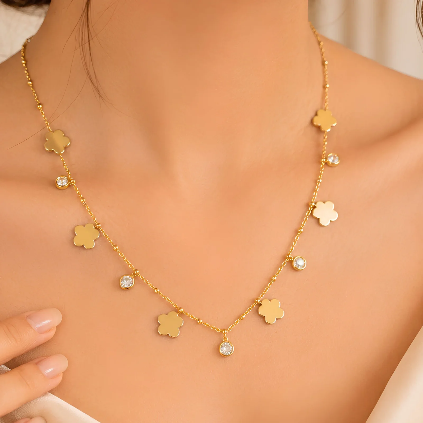Golden clover Charms chain, Crystal Long Drop Earrings,,Twin Glow Ring