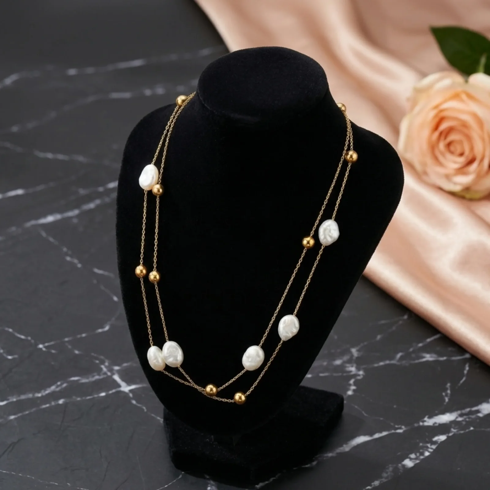 White pearl chain, Golden Floral Drop Ear ring ,Zarfashan Ring