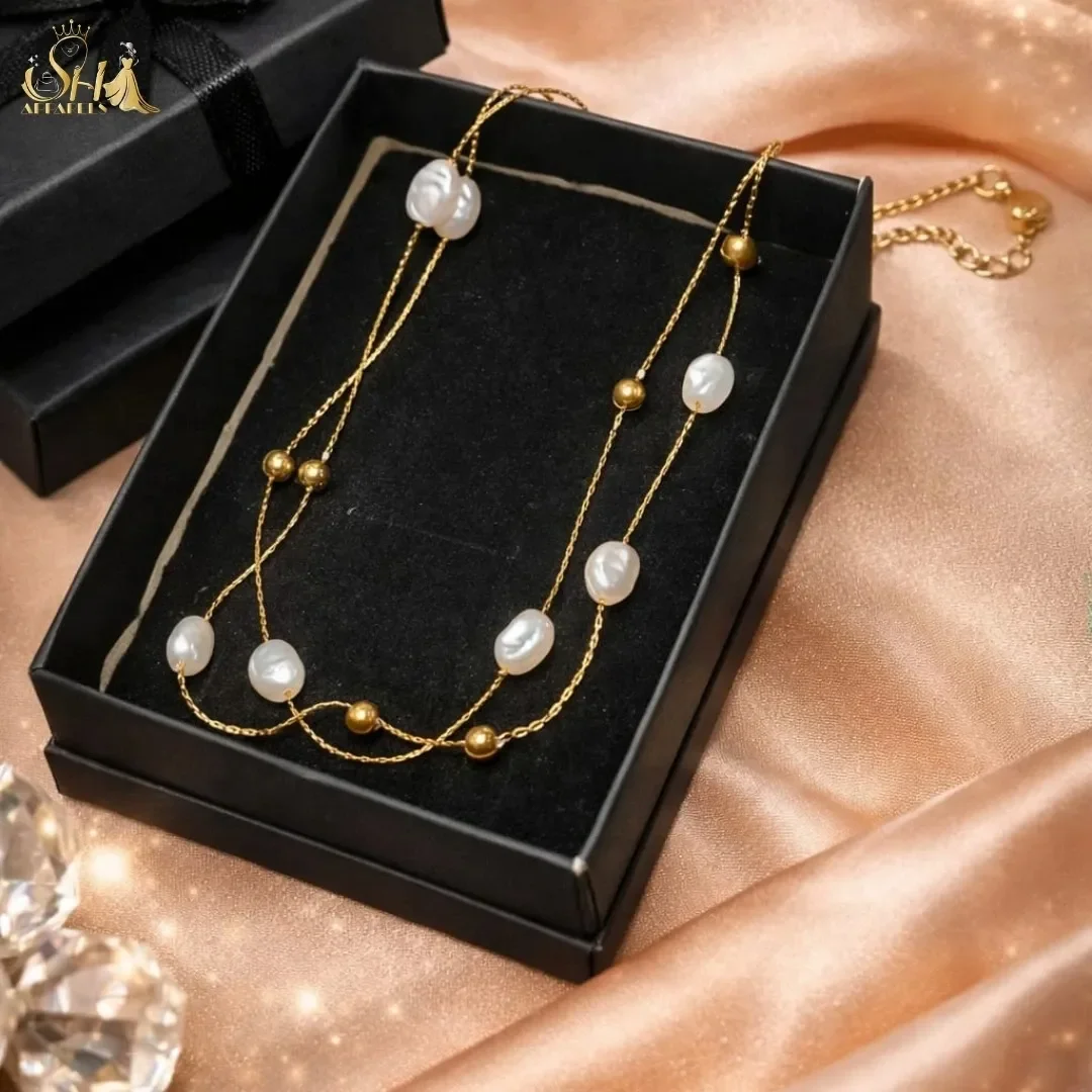White pearl chain, Golden Floral Drop Ear ring ,Zarfashan Ring