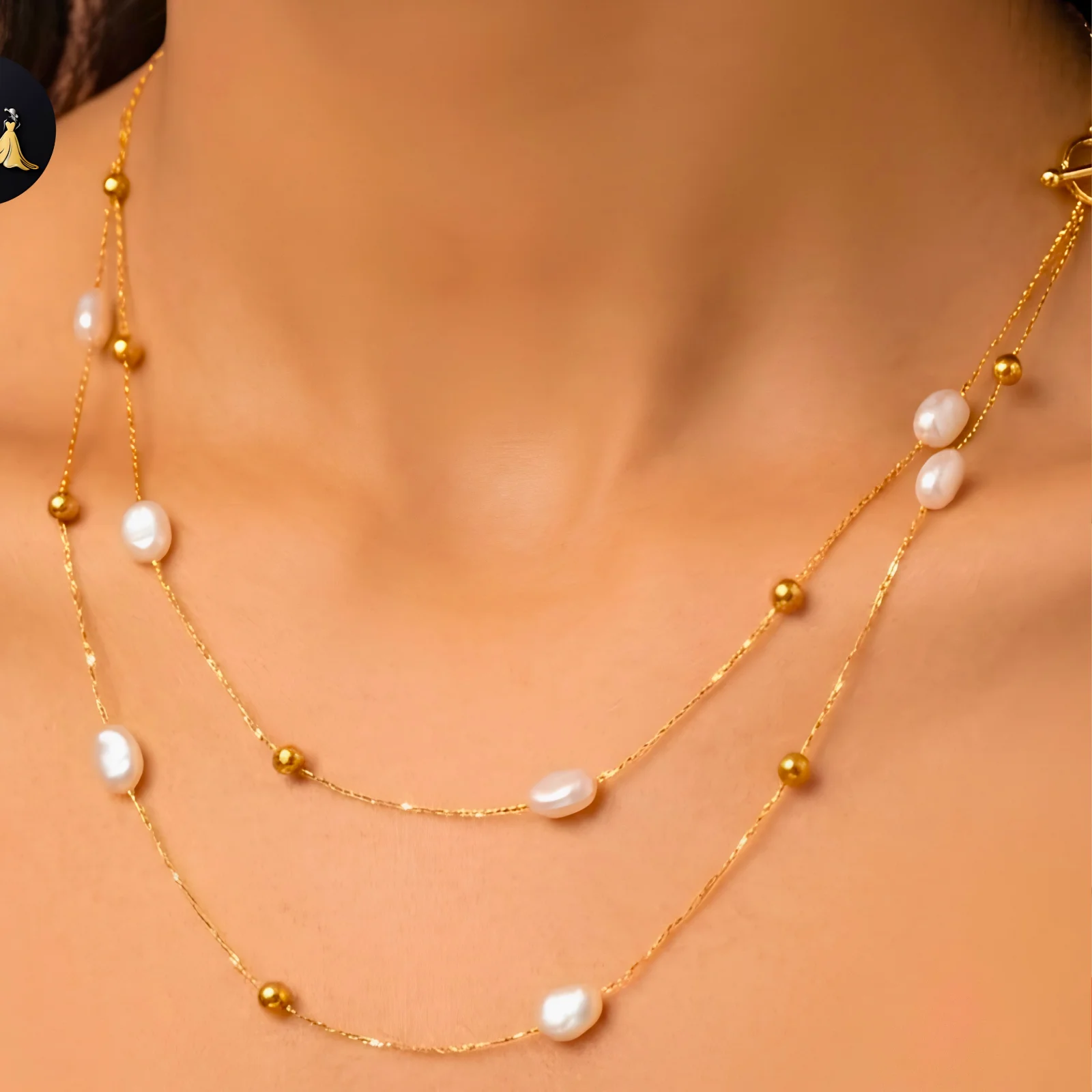 White pearl chain, Golden Floral Drop Ear ring ,Zarfashan Ring