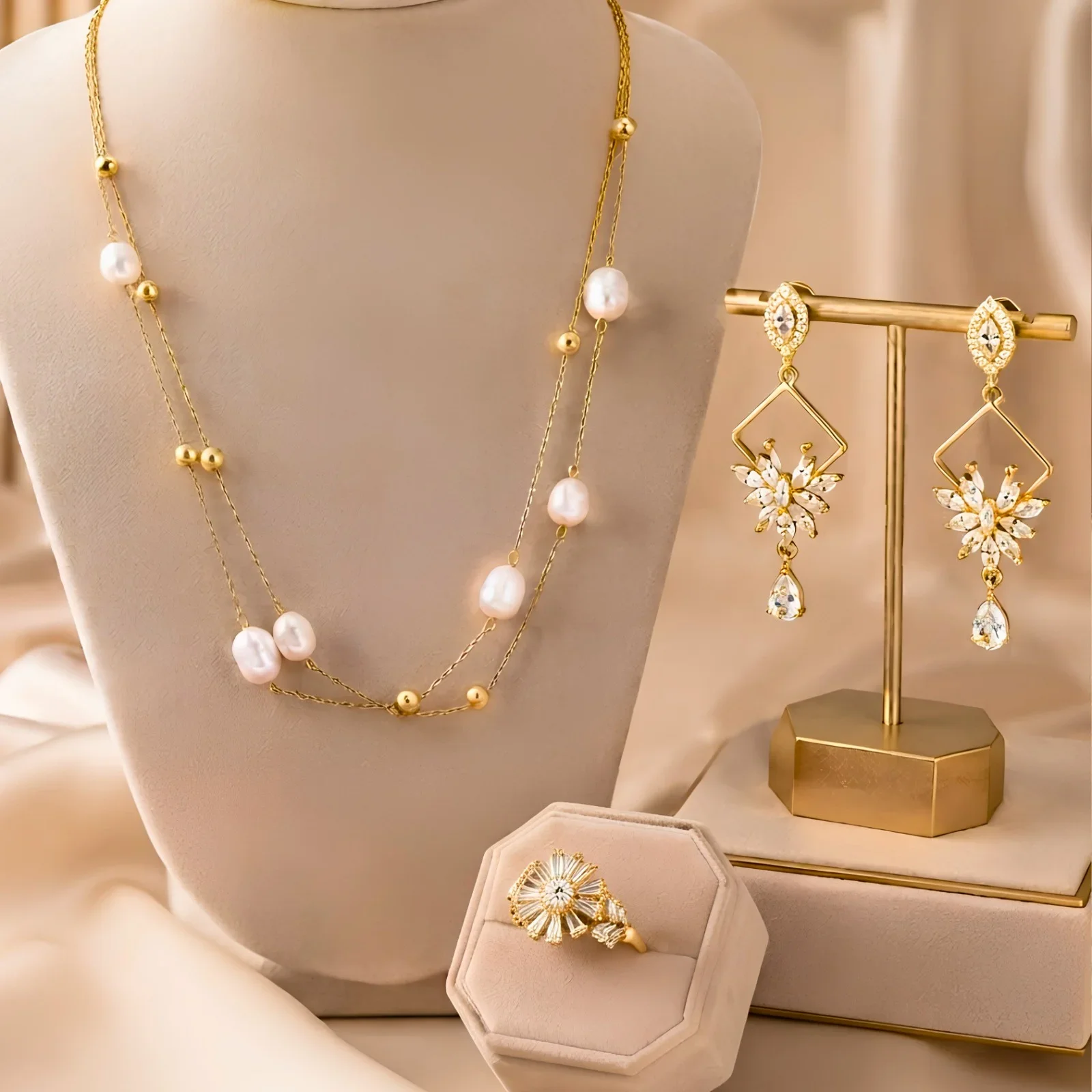 White pearl chain, Golden Floral Drop Ear ring ,Zarfashan Ring