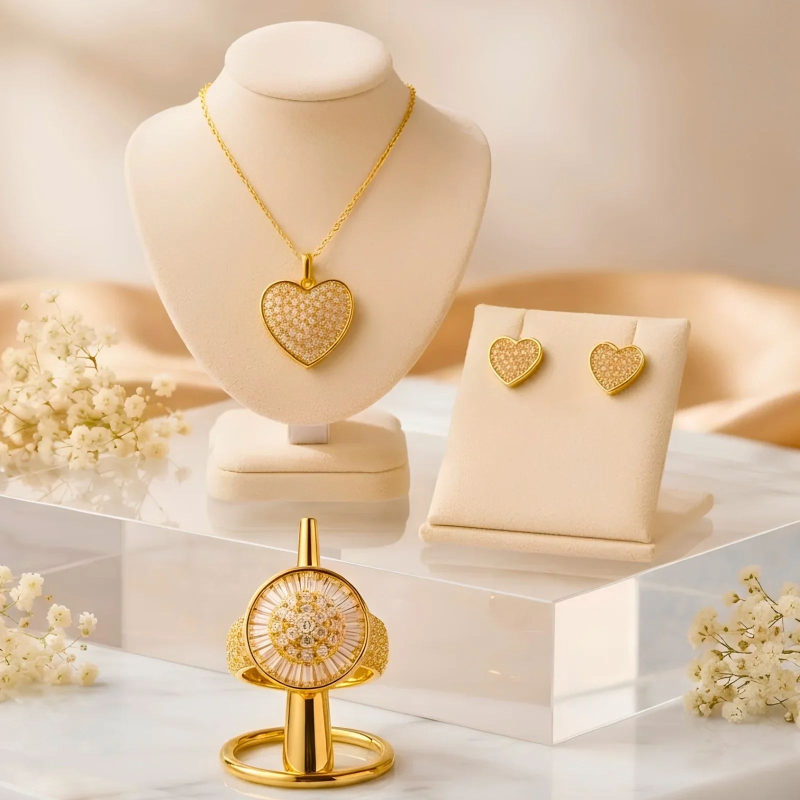 Luna Gleam Ring, Diamond heart necklace set