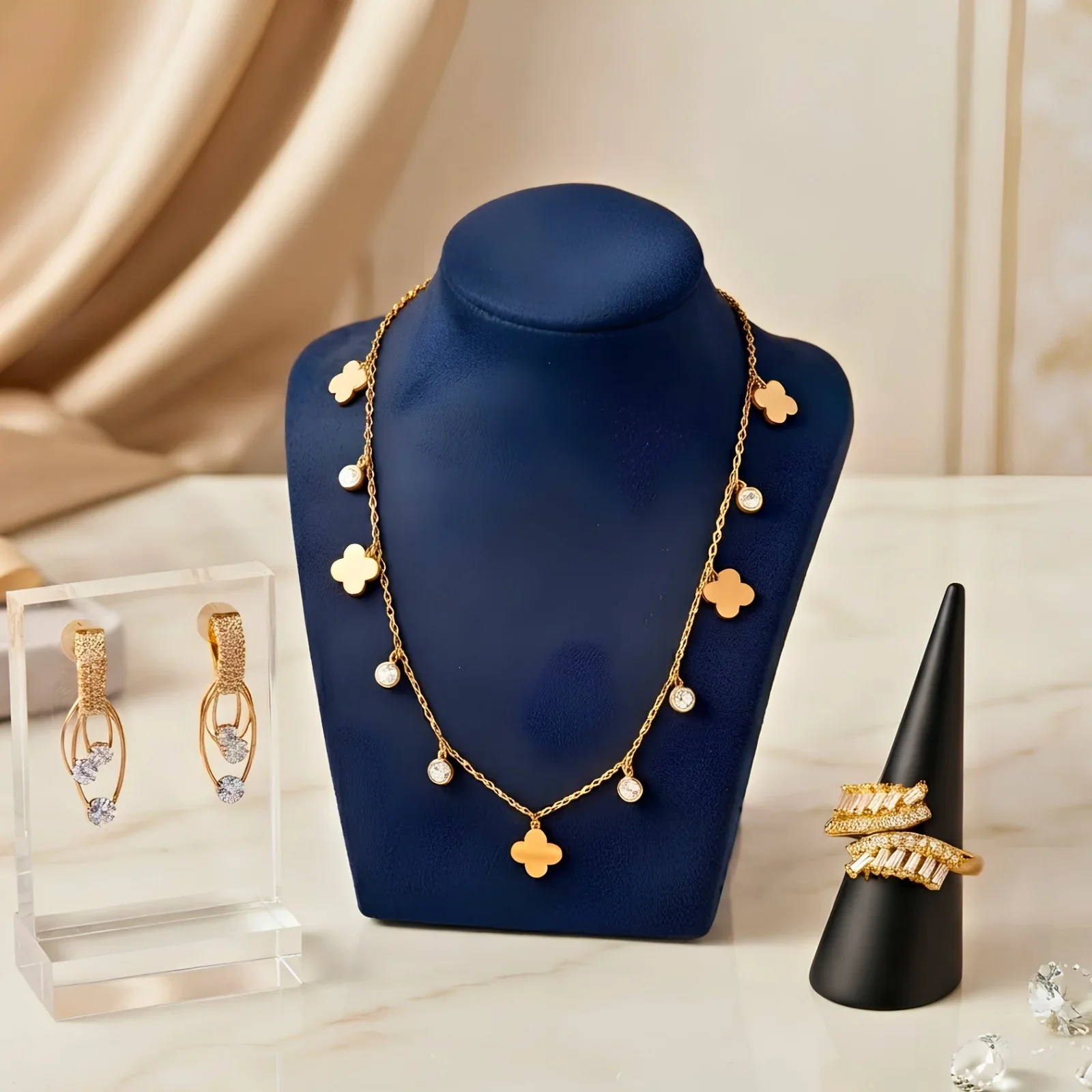 Golden clover Charms chain, Crystal Long Drop Earrings,,Twin Glow Ring